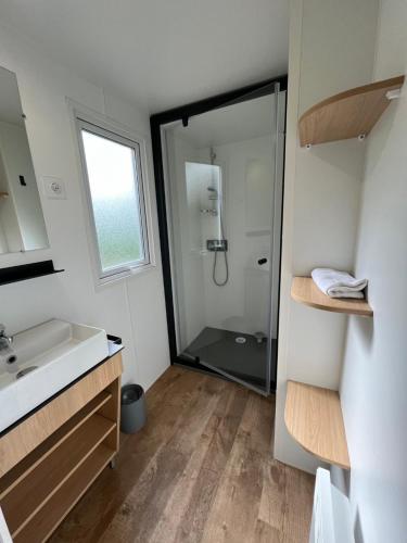 une salle de bain avec douche et lavabo dans l'établissement Camping de Montlouis-sur-Loire, à Montlouis-sur-Loire