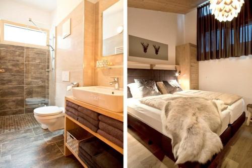 two pictures of a bathroom with a bed and a bath tub at Residenz Wildkogelbahnen Top 17 in Neukirchen am Großvenediger