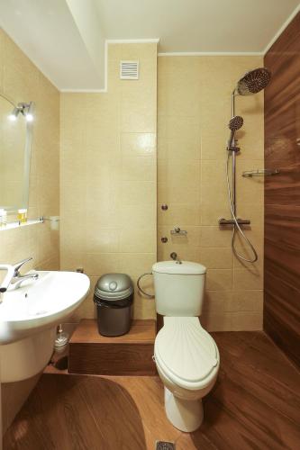 a bathroom with a toilet and a sink and a shower at Family Hotel Gotse Delchev in Gotse Delchev