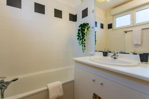 une salle de bain avec un lavabo, une baignoire et un miroir dans l'établissement Le Petit Oranger - Appt avec balcon, à Strasbourg