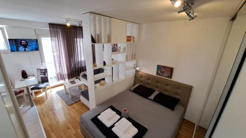 a small living room with a couch and a shelf at Maya 's home - Vracar in Vračar (historical)