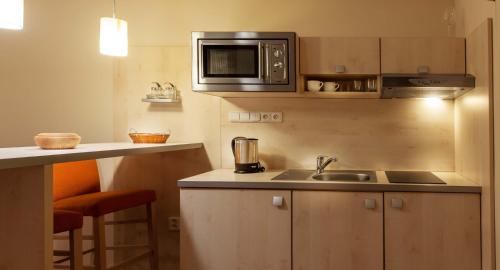 a small kitchen with a sink and a microwave at Súkromné apartmány v Crocuse s výhľadom na hory in Štrbské Pleso