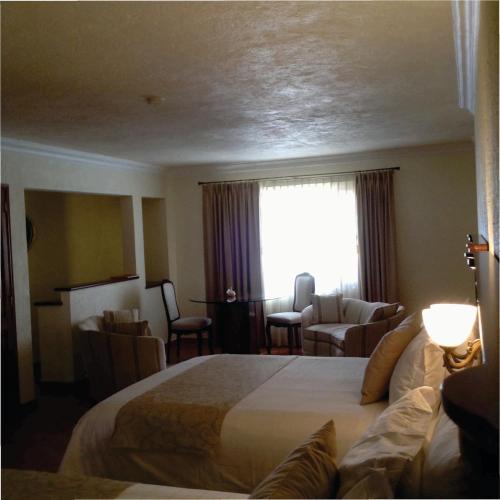 a hotel room with a large bed and a window at Hotel Boutique La Granja in Tequisquiapan