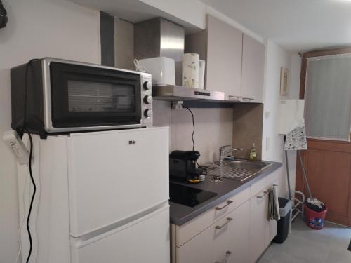 a small kitchen with a microwave on top of a refrigerator at Magistic Handi in Perpignan