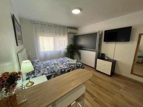 a living room with a bed and a television at Roger Apartamentos in Cambrils