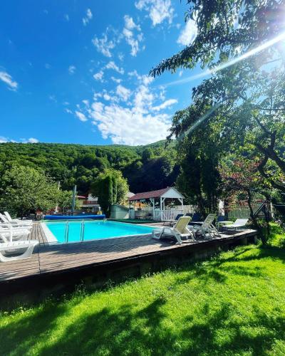 ein Swimmingpool mit Terrasse und Liegestühlen in der Unterkunft Casa Ele in Frăsinet
