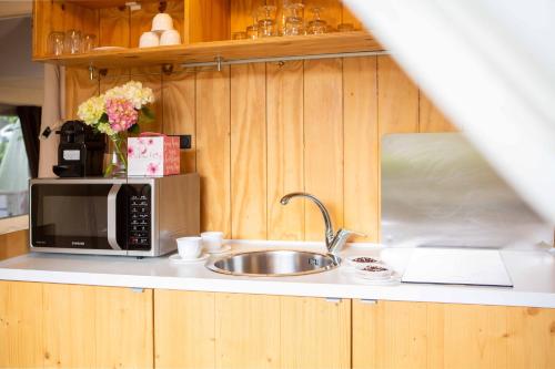 a kitchen with a sink and a microwave at Camping Del Sole Village in Iseo