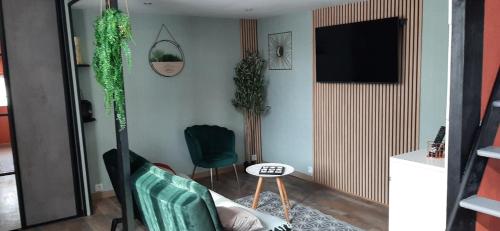 un salon avec un canapé et une télévision dans l'établissement Maison 2 chambres, au Mans