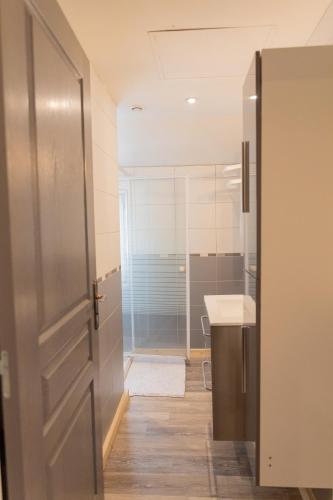 a bathroom with a shower and a sink and a door at Paradis des bulles in Châteaudun