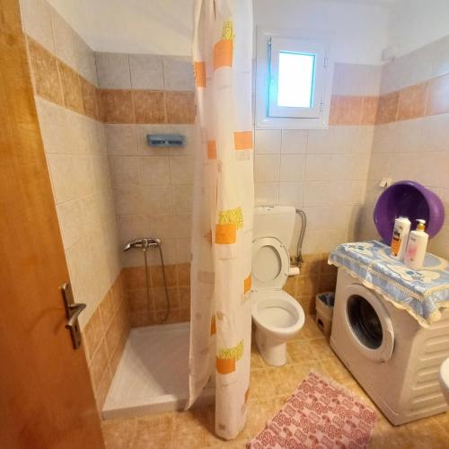 a bathroom with a toilet and a shower stall at Central Rooms in Makry Gialos