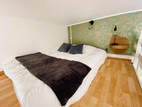 une chambre avec un grand lit blanc avec une couverture marron dans l'établissement Studio cosy jardin des plantes, à Toulouse