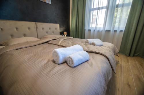 a bed with two towels on top of it at Apartmani Monero in Vrnjačka Banja