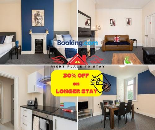 a collage of two pictures of a living room at Darlington Modern 2 Bed Apartment Great for Contractors in Darlington