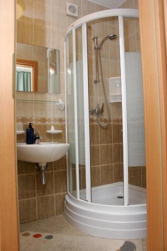 a bathroom with a shower and a sink at Villa Justina in Charzykowy