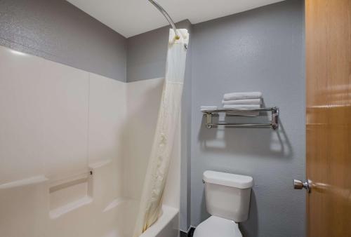a bathroom with a white toilet and a shower at Econo Lodge Inn & Suites Diamondhead in Diamondhead