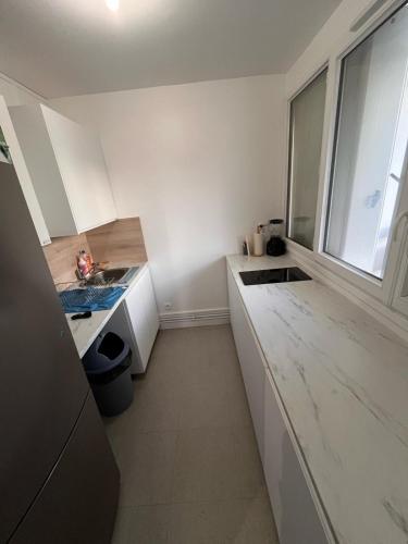 une cuisine blanche avec un comptoir et un évier dans l'établissement Studio confortable près de Paris, à Antony