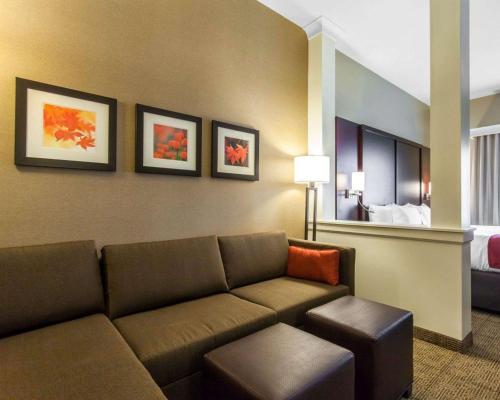 a living room with a couch in a hotel room at Comfort Suites-Youngstown North in Youngstown