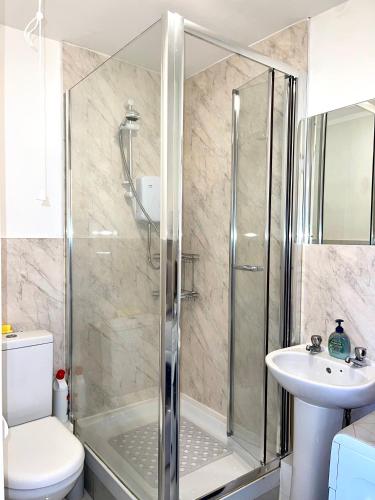 a bathroom with a shower and a toilet and a sink at Crescent Loft Apartment - 1 bed in Goodmayes