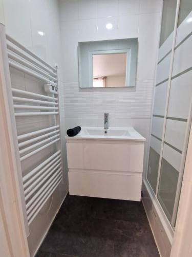 une salle de bain blanche avec un lavabo et un miroir dans l'établissement Appartement Hyper Centre Cosy avec Balcon, à Châteaudun