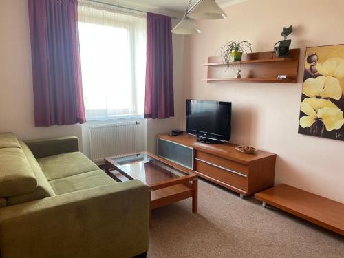 a living room with a couch and a flat screen tv at Hotel Ostrov Garni in Sadská