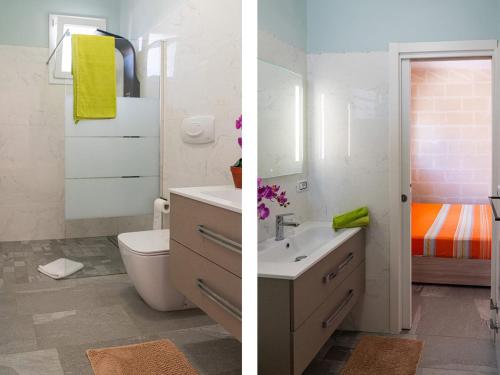 two pictures of a bathroom with a sink and a toilet at Casa Vacanza Mario 1A a 180 mt dal mare di Punta Prosciutto in Punta Prosciutto