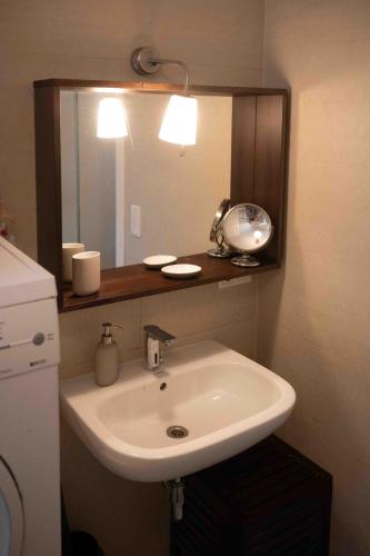 a bathroom with a white sink and a mirror at Wellness Rental Vienna in Vienna