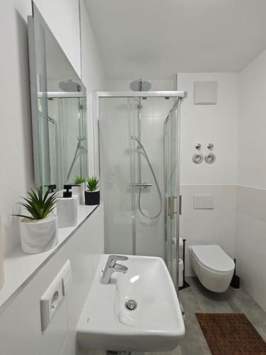 a white bathroom with a sink and a toilet at Pfalz Oase in Landau in der Pfalz