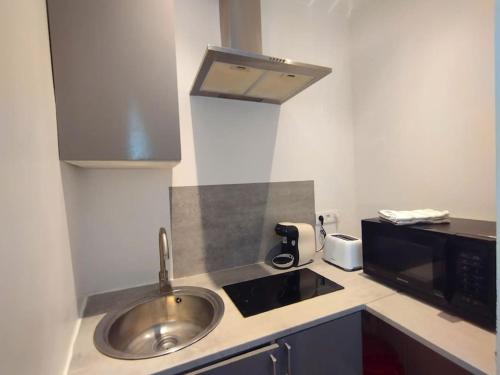 une cuisine avec un évier et un micro-ondes dans l'établissement Le Floride Jolie studio à Poitiers FIBRE, à Poitiers