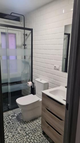 a bathroom with a toilet and a shower and a sink at Apartamento Soria Calaverón in Soria