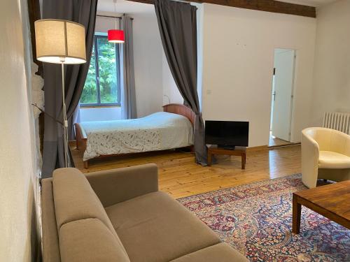 a living room with a couch and a bed at Appartements de la ferme du Brocey in Crolles