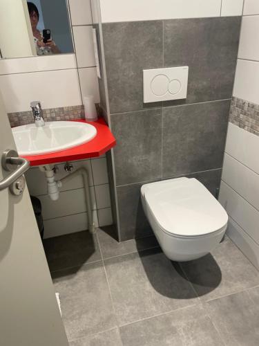 a bathroom with a white toilet and a sink at Hôtel le grand cerf in Carignan
