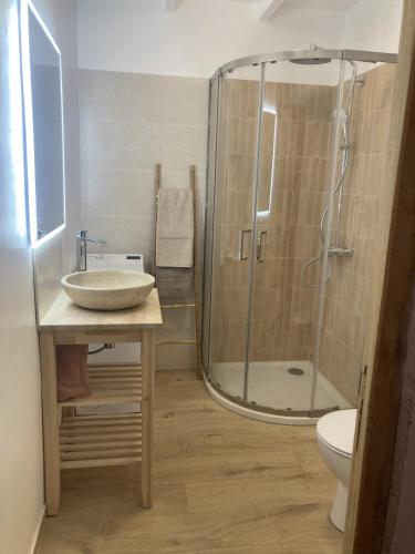 une salle de bain avec un lavabo et une douche dans l'établissement Charmant T2 de 36m2 en Provence, à Fréjus