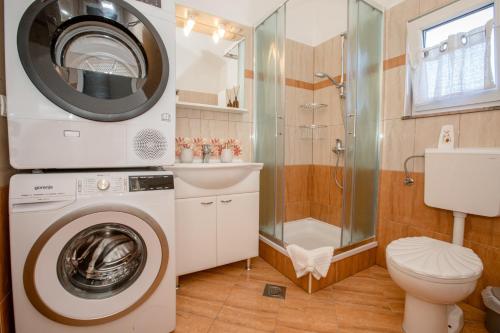 a washing machine in a bathroom with a shower at Apartmani Ana & Milo in Lopar