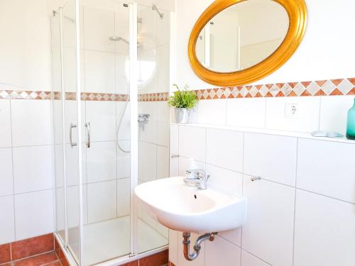 a bathroom with a sink and a shower at Ferienhaus Achtern Diek in Schönberg