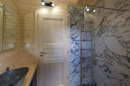 a bathroom with a ladder next to a shower at Chalet Caroubier - Chalet avec vue montagne in La Bresse