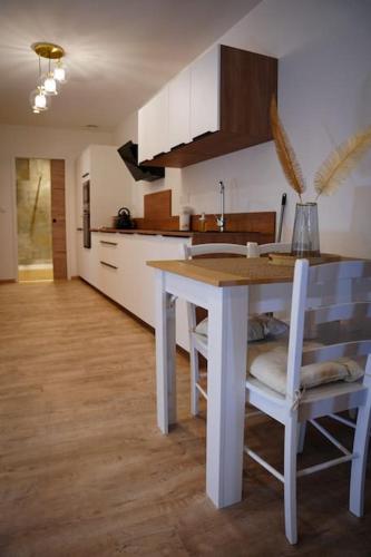 une cuisine avec une table et des chaises dans une pièce dans l'établissement Bel appartement centre-ville, à Saint-Étienne