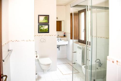 a white bathroom with a toilet and a sink at La Mela Rosa Bed & Breakfast in Amandola