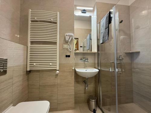 切霍齐内克Willa Zachęta Guesthouse&Coffee的配有马桶、水槽和淋浴的浴室