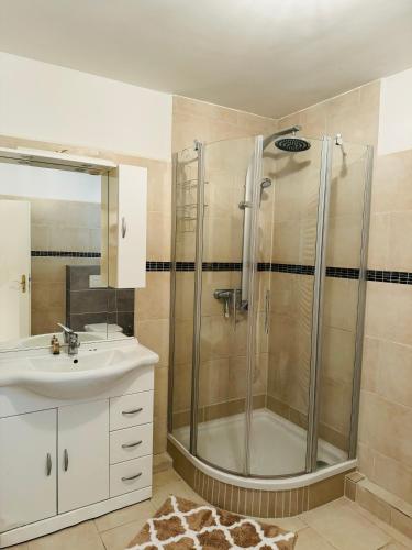 a bathroom with a shower and a sink at Naturparadies vor den Toren Hamburgs in Halstenbek