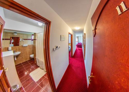 a hallway with a red carpet leading to a bathroom at Borhotel Sziluett Farkasmály in Gyöngyös