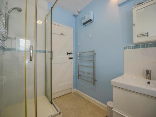 ein Badezimmer mit Dusche, Toilette und Waschbecken in der Unterkunft Little Barn Cottage in Portloe