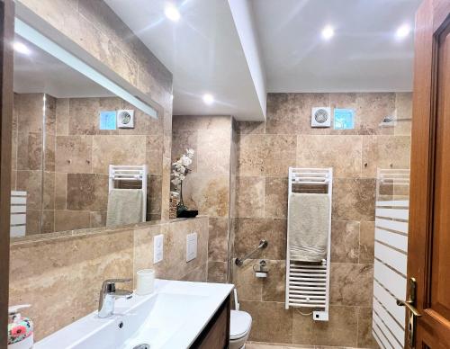 une salle de bain avec un lavabo et des toilettes dans l'établissement L'Oasis 2 chambres en bords de mer, à Propriano