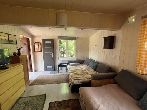 a living room with a couch and a tv at Domek Staś in Wiele