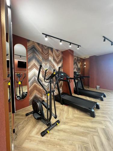 a gym with treadmills and exercise equipment in a room at Boutique Hotel Balș in Balş