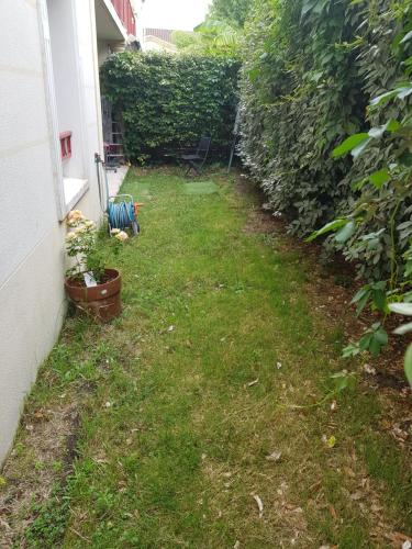 a yard with grass and plants next to a building at Appartement avec jardin in Eysines
