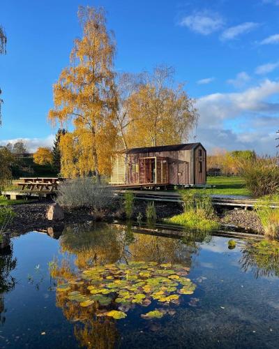une maison au milieu d'un étang avec des nénuphars dans l'établissement MyCosyTiny, à Griesheim-près-Molsheim