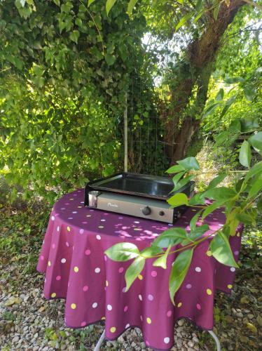 une table avec une nappe violette avec une télévision dessus dans l'établissement Maison en campagne, à Pernes-les-Fontaines