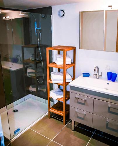 La salle de bains est pourvue d'une douche et d'une étagère avec des serviettes. dans l'établissement La Cigaliere en Cote Vermeille, à Latour-Bas-Elne