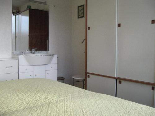 ein Schlafzimmer mit einem Bett, einem Waschbecken und einem Spiegel in der Unterkunft het Zeehuisje in Egmond aan Zee