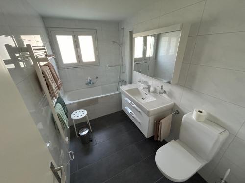 a white bathroom with a toilet and a sink at Chalet Gerbera in Wengen